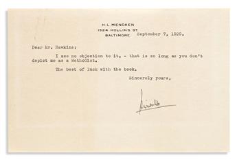 MENCKEN, H.L. Two Typed Letters Signed, to Mr. Hawkins or Mr. Weaver,